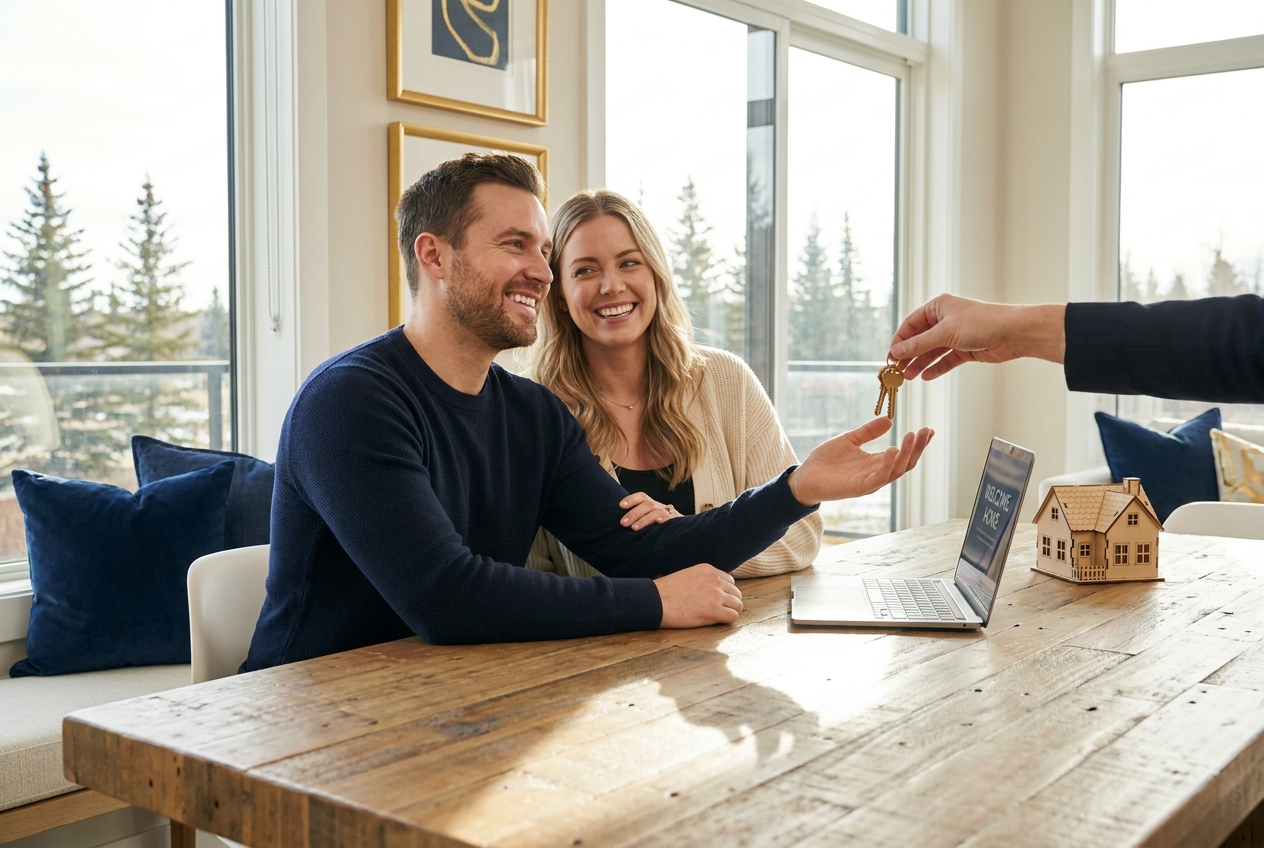 Happy Alberta homebuyers receiving their keys at a closing